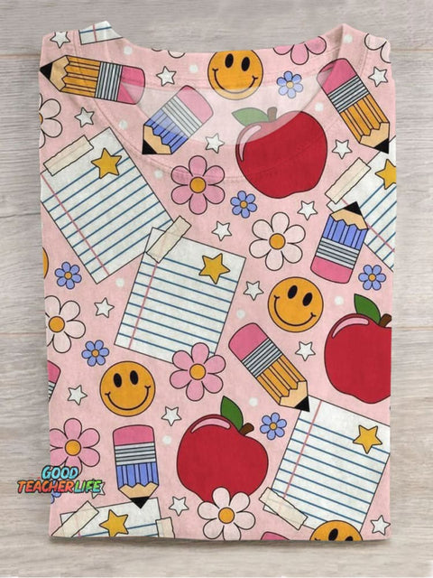 Apple and Smiley Face Decorative Pattern T-shirt