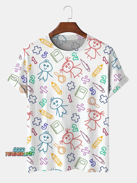 Numbers and Cartoon Characters Decorative Pattern T-shirt
