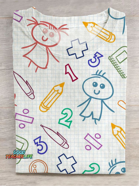 Numbers and Cartoon Characters Decorative Pattern T-shirt