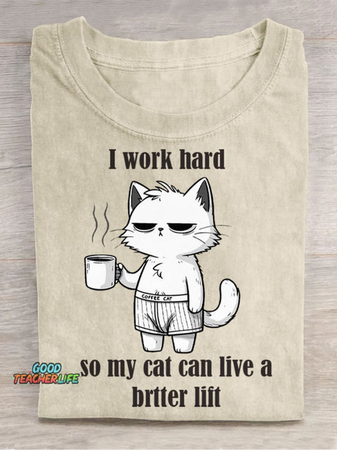 I Work Hard for My Cat Decorative Pattern T-shirt