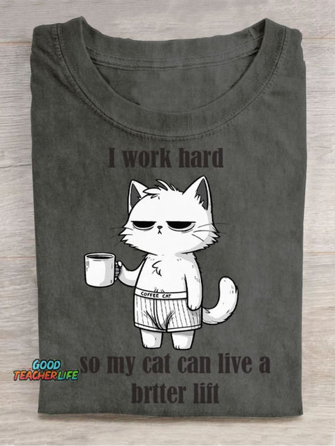 I Work Hard for My Cat Decorative Pattern T-shirt