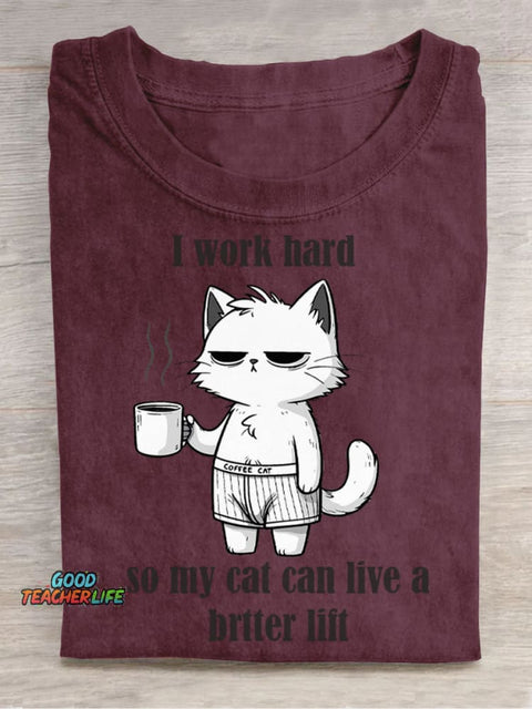 I Work Hard for My Cat Decorative Pattern T-shirt