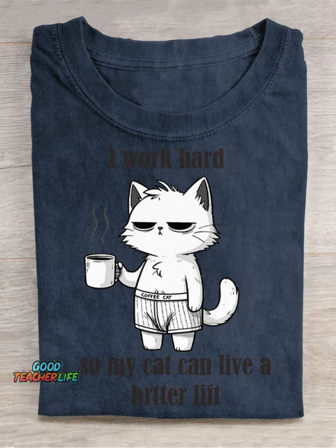 I Work Hard for My Cat Decorative Pattern T-shirt