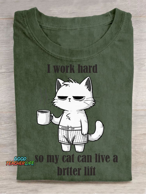 I Work Hard for My Cat Decorative Pattern T-shirt