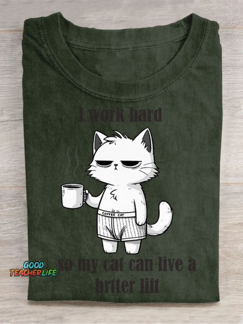 I Work Hard for My Cat Decorative Pattern T-shirt