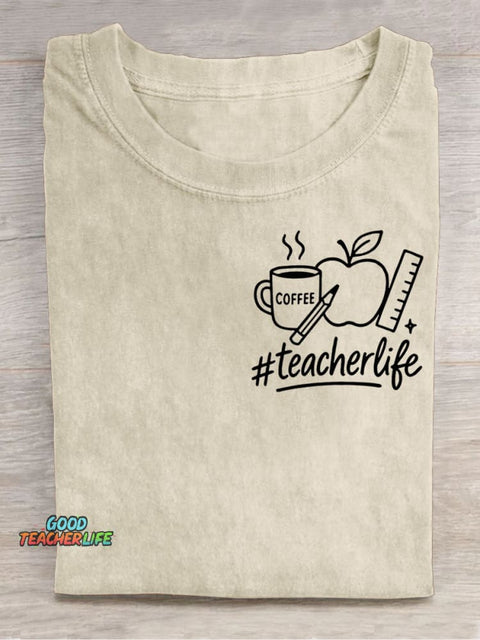Teacher's Apple and Coffee Decorative Pattern T-shirt