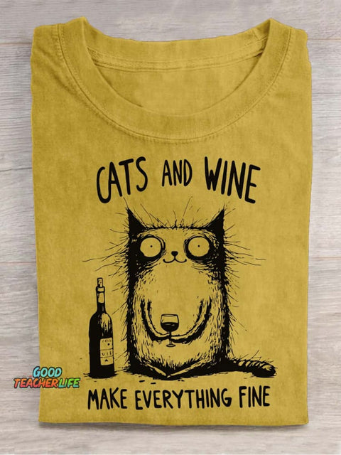 Cat and Wine Decorative Pattern T-shirt