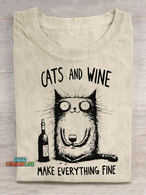Cat and Wine Decorative Pattern T-shirt