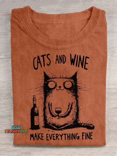 Cat and Wine Decorative Pattern T-shirt