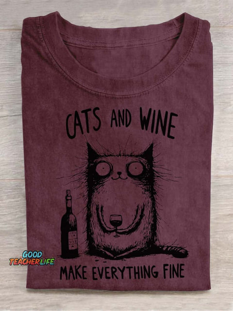 Cat and Wine Decorative Pattern T-shirt