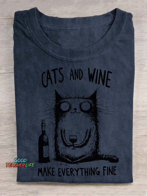 Cat and Wine Decorative Pattern T-shirt