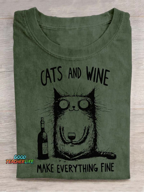 Cat and Wine Decorative Pattern T-shirt