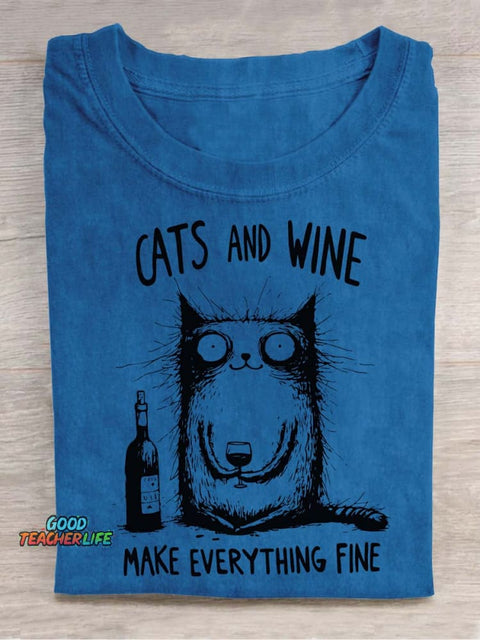 Cat and Wine Decorative Pattern T-shirt