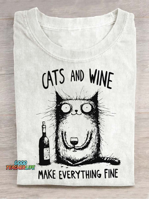 Cat and Wine Decorative Pattern T-shirt