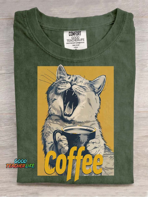 Cat and Coffee Decorative Pattern T-shirt