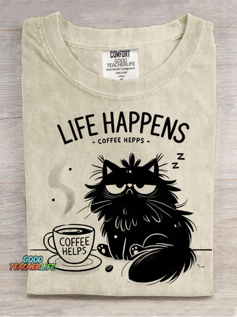 Cat and Coffee Decorative Pattern T-shirt