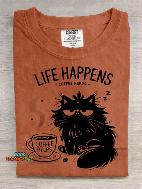 Cat and Coffee Decorative Pattern T-shirt
