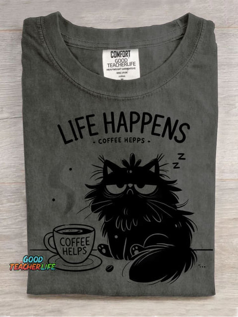 Cat and Coffee Decorative Pattern T-shirt