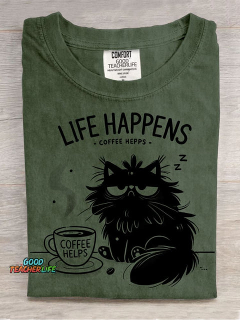 Cat and Coffee Decorative Pattern T-shirt
