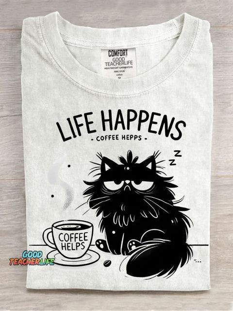 Cat and Coffee Decorative Pattern T-shirt