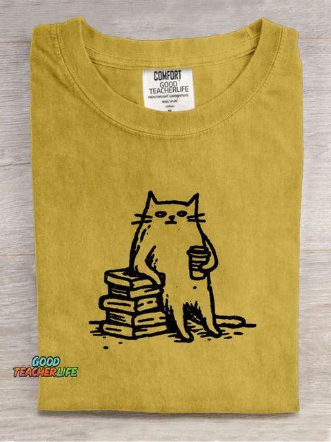 Tired Cat Leaning On A Book Decorative Pattern T-shirt