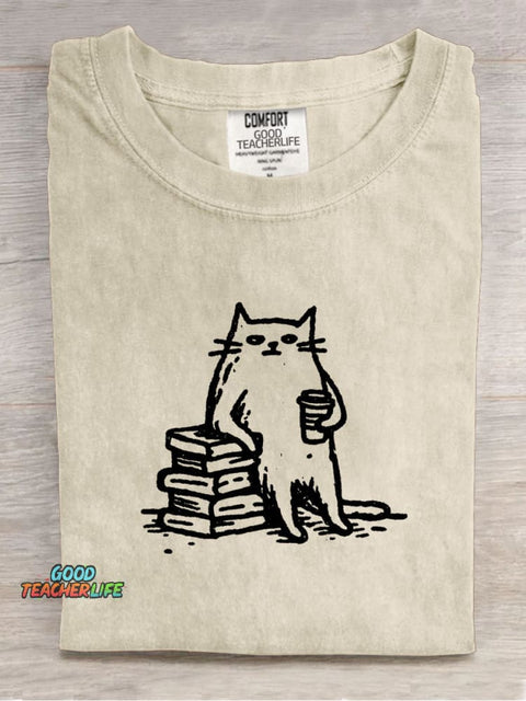 Tired Cat Leaning On A Book Decorative Pattern T-shirt