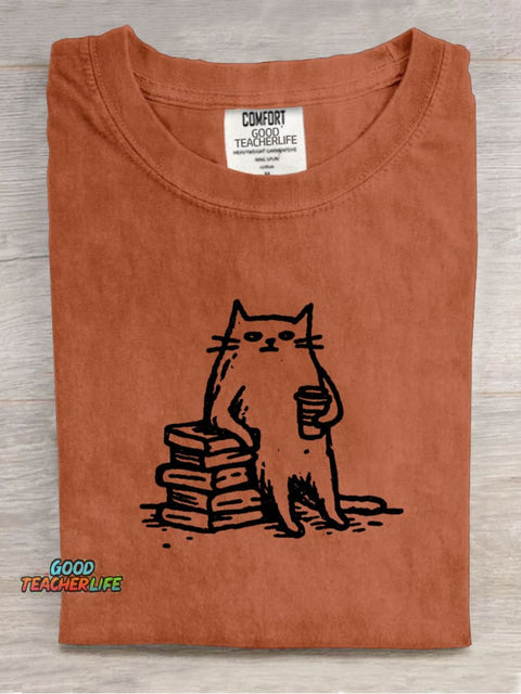 Tired Cat Leaning On A Book Decorative Pattern T-shirt