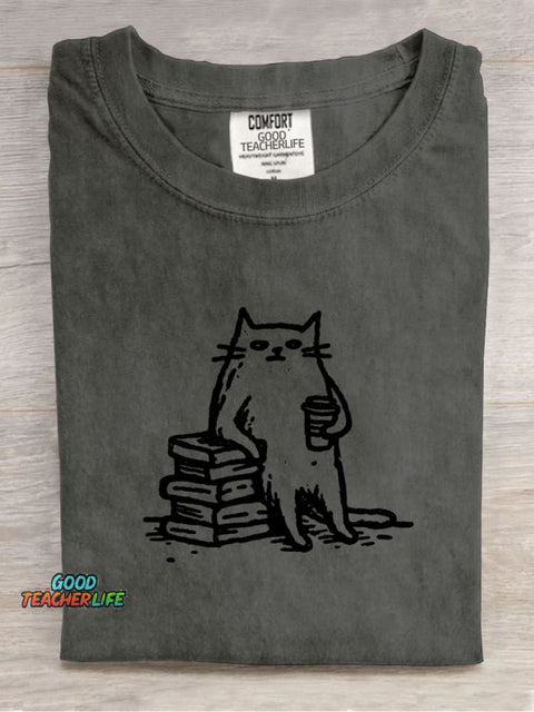 Tired Cat Leaning On A Book Decorative Pattern T-shirt