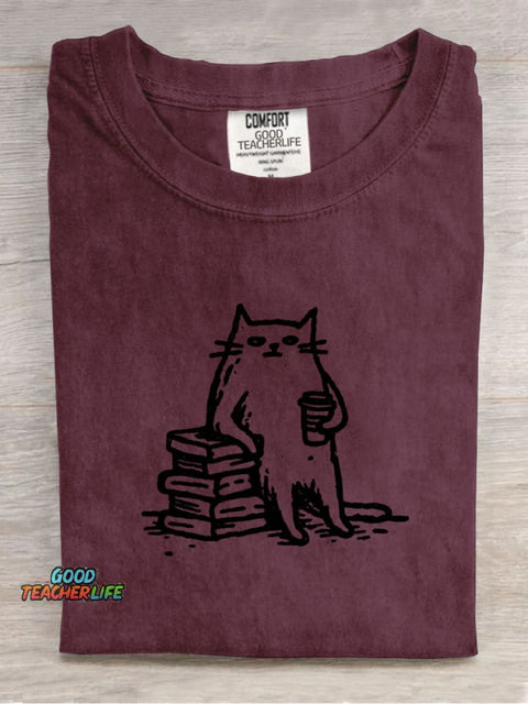 Tired Cat Leaning On A Book Decorative Pattern T-shirt