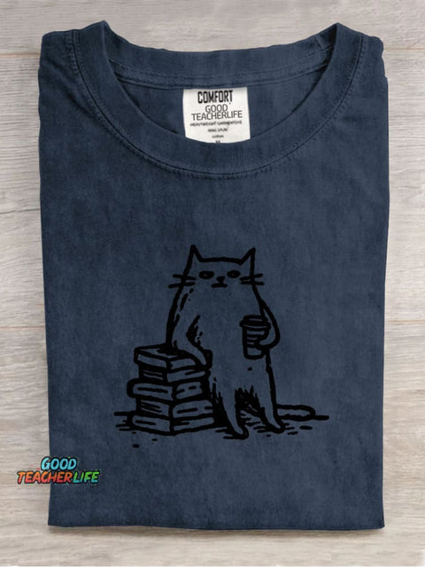 Tired Cat Leaning On A Book Decorative Pattern T-shirt
