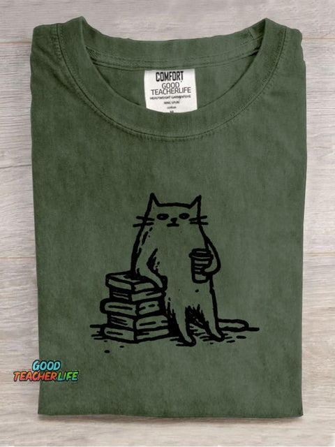 Tired Cat Leaning On A Book Decorative Pattern T-shirt