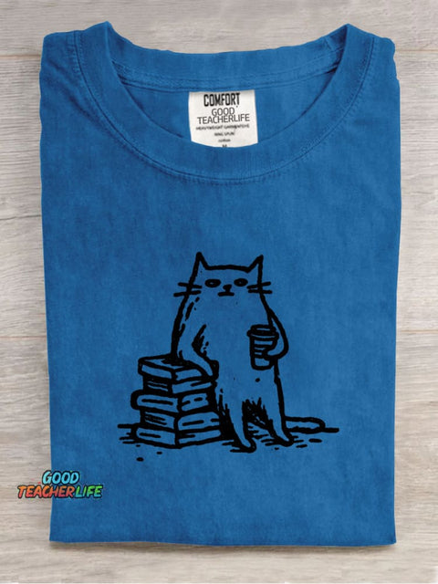 Tired Cat Leaning On A Book Decorative Pattern T-shirt