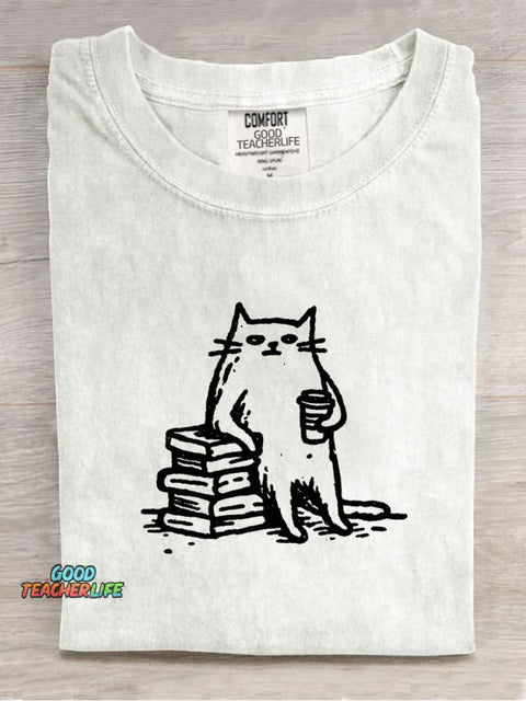 Tired Cat Leaning On A Book Decorative Pattern T-shirt