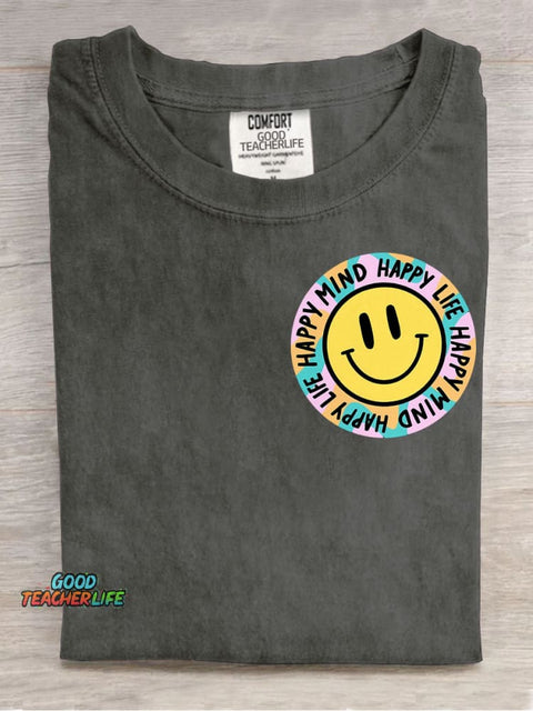 Happy Mind Happy Life Decorative Pattern T-shirt