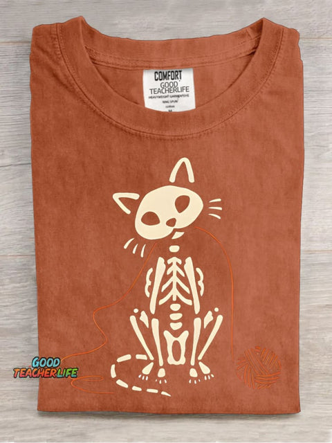 Skull Kitten Playing with Yarn Ball Decorative Pattern T-shirt