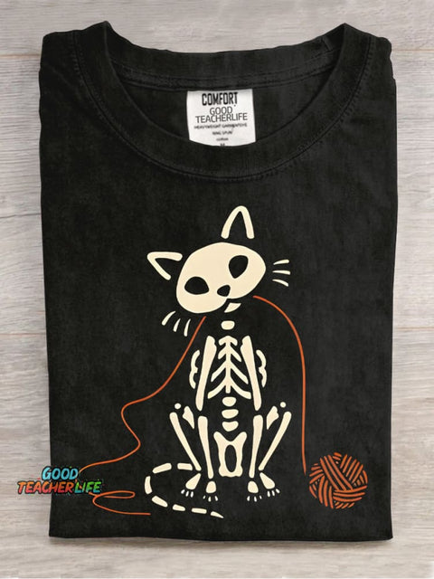 Skull Kitten Playing with Yarn Ball Decorative Pattern T-shirt