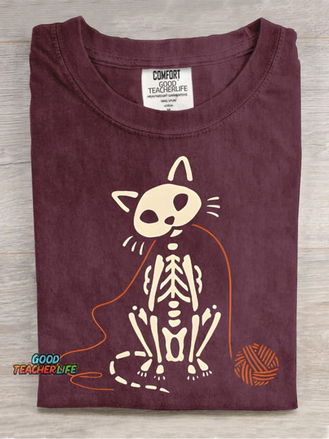 Skull Kitten Playing with Yarn Ball Decorative Pattern T-shirt