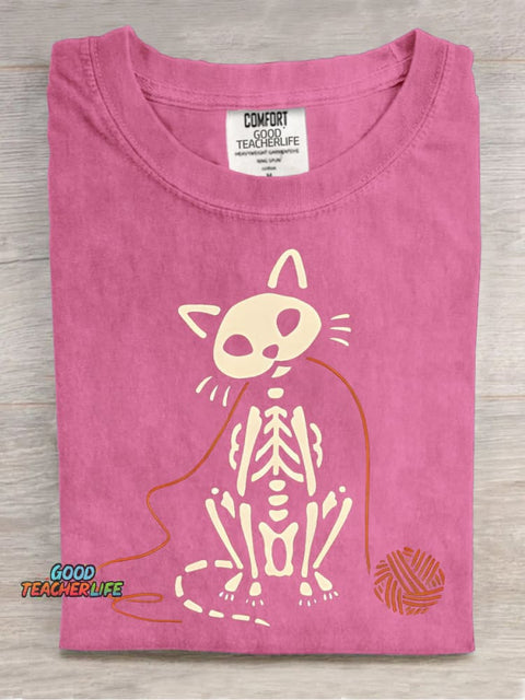 Skull Kitten Playing with Yarn Ball Decorative Pattern T-shirt