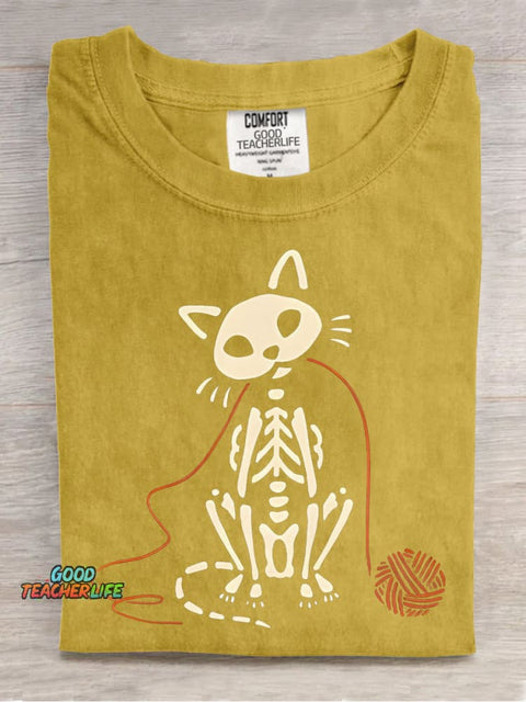 Skull Kitten Playing with Yarn Ball Decorative Pattern T-shirt