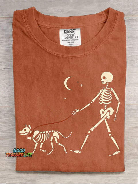 Skeleton Man Walking Skeleton Dog Decorative Pattern T-shirt