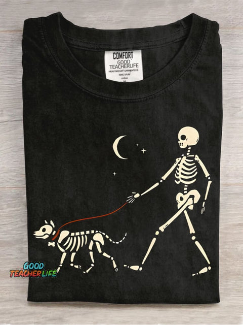 Skeleton Man Walking Skeleton Dog Decorative Pattern T-shirt
