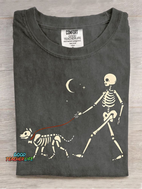 Skeleton Man Walking Skeleton Dog Decorative Pattern T-shirt