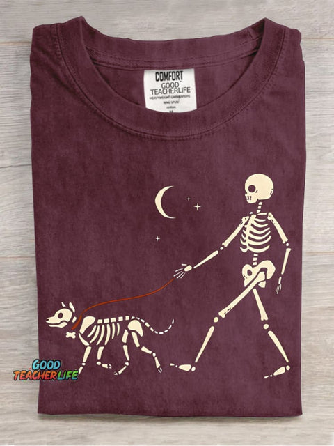 Skeleton Man Walking Skeleton Dog Decorative Pattern T-shirt