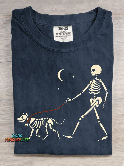 Skeleton Man Walking Skeleton Dog Decorative Pattern T-shirt