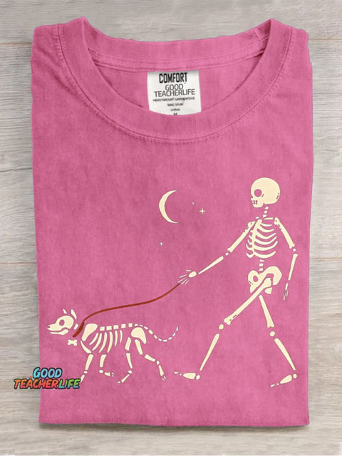Skeleton Man Walking Skeleton Dog Decorative Pattern T-shirt