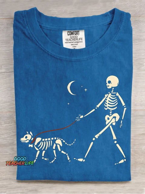 Skeleton Man Walking Skeleton Dog Decorative Pattern T-shirt