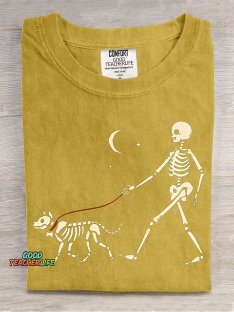 Skeleton Man Walking Skeleton Dog Decorative Pattern T-shirt