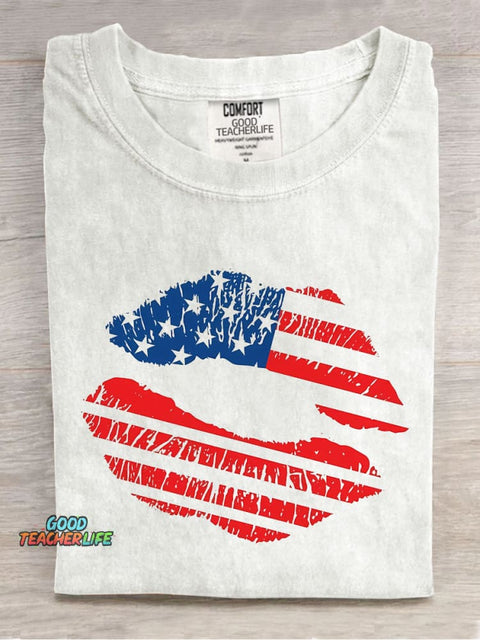 AMERICA Kiss Decorative Pattern T-shirt
