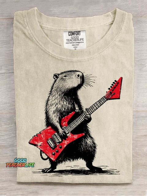 Rock Capybara Decoration Pattern T-shirt