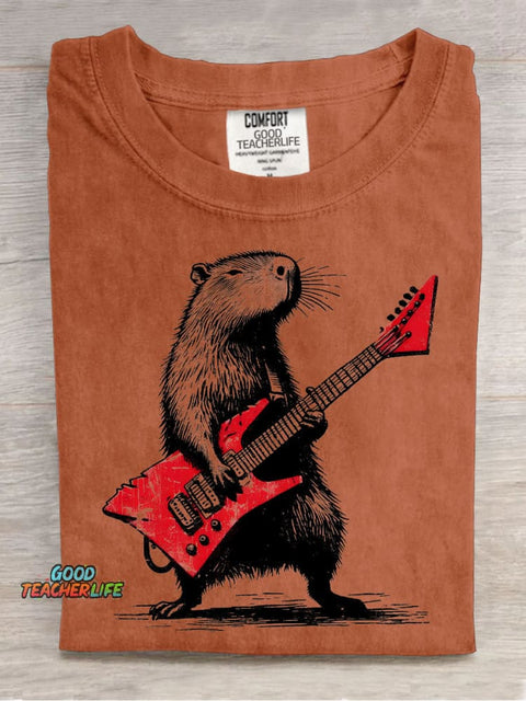 Rock Capybara Decoration Pattern T-shirt